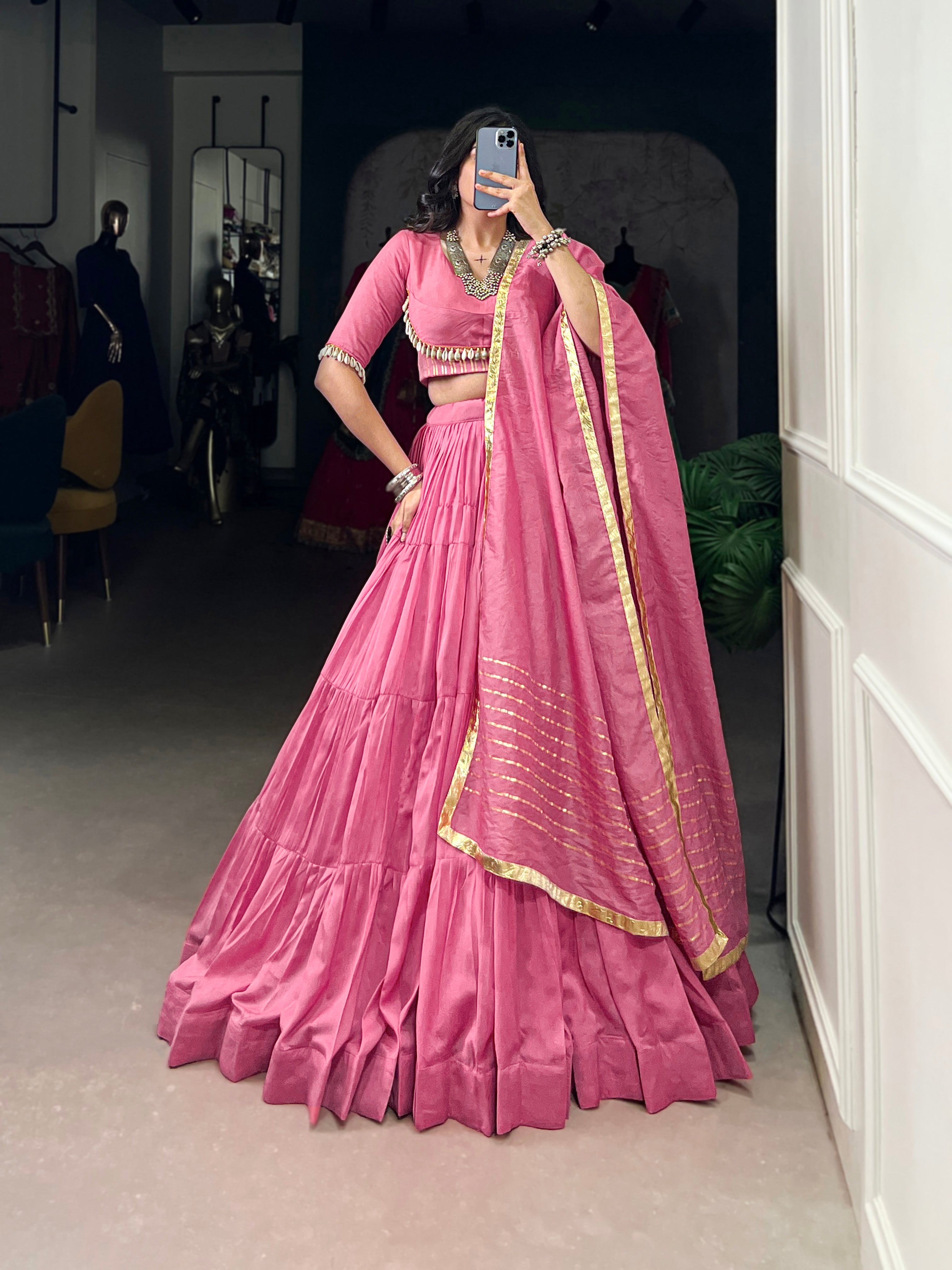 Lorenvalley Pink Pure Chanderi Plain Lehenga Choli Cowrie (Kodi) Lace Touch Up with Dupatta - Distacart
