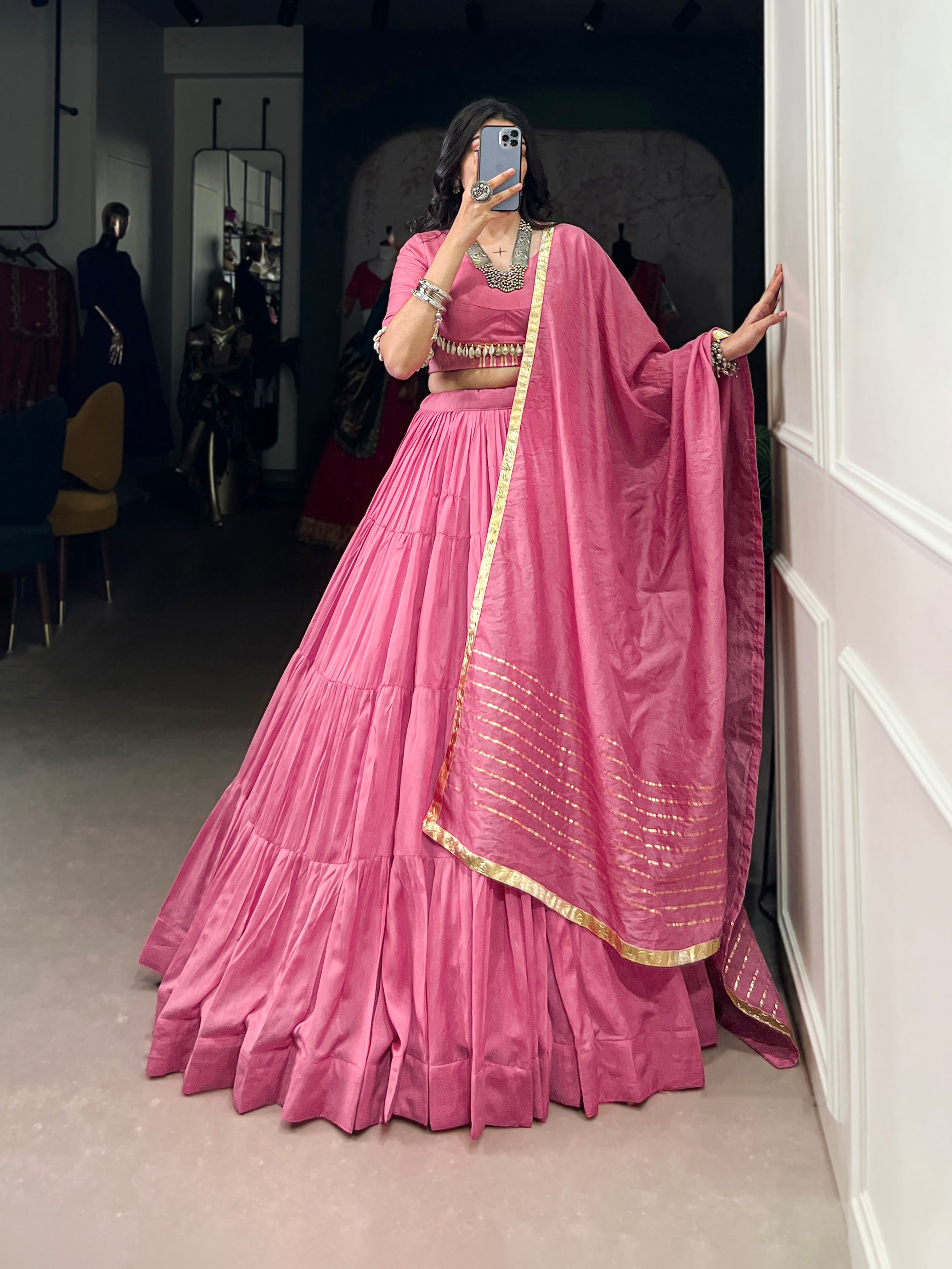 Lorenvalley Pink Pure Chanderi Plain Lehenga Choli Cowrie (Kodi) Lace Touch Up with Dupatta