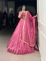 Thumbnail for Lorenvalley Pink Pure Chanderi Plain Lehenga Choli Cowrie (Kodi) Lace Touch Up with Dupatta