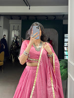 Thumbnail for Lorenvalley Pink Pure Chanderi Plain Lehenga Choli Cowrie (Kodi) Lace Touch Up with Dupatta