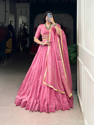Lorenvalley Pink Pure Chanderi Plain Lehenga Choli Cowrie (Kodi) Lace Touch Up with Dupatta - Distacart
