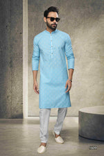 Thumbnail for Raivat Ethnic Cotton Printed Work Kurta Pajama In Sky Blue Colour - Distacart