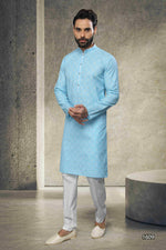 Thumbnail for Raivat Ethnic Cotton Printed Work Kurta Pajama In Sky Blue Colour - Distacart
