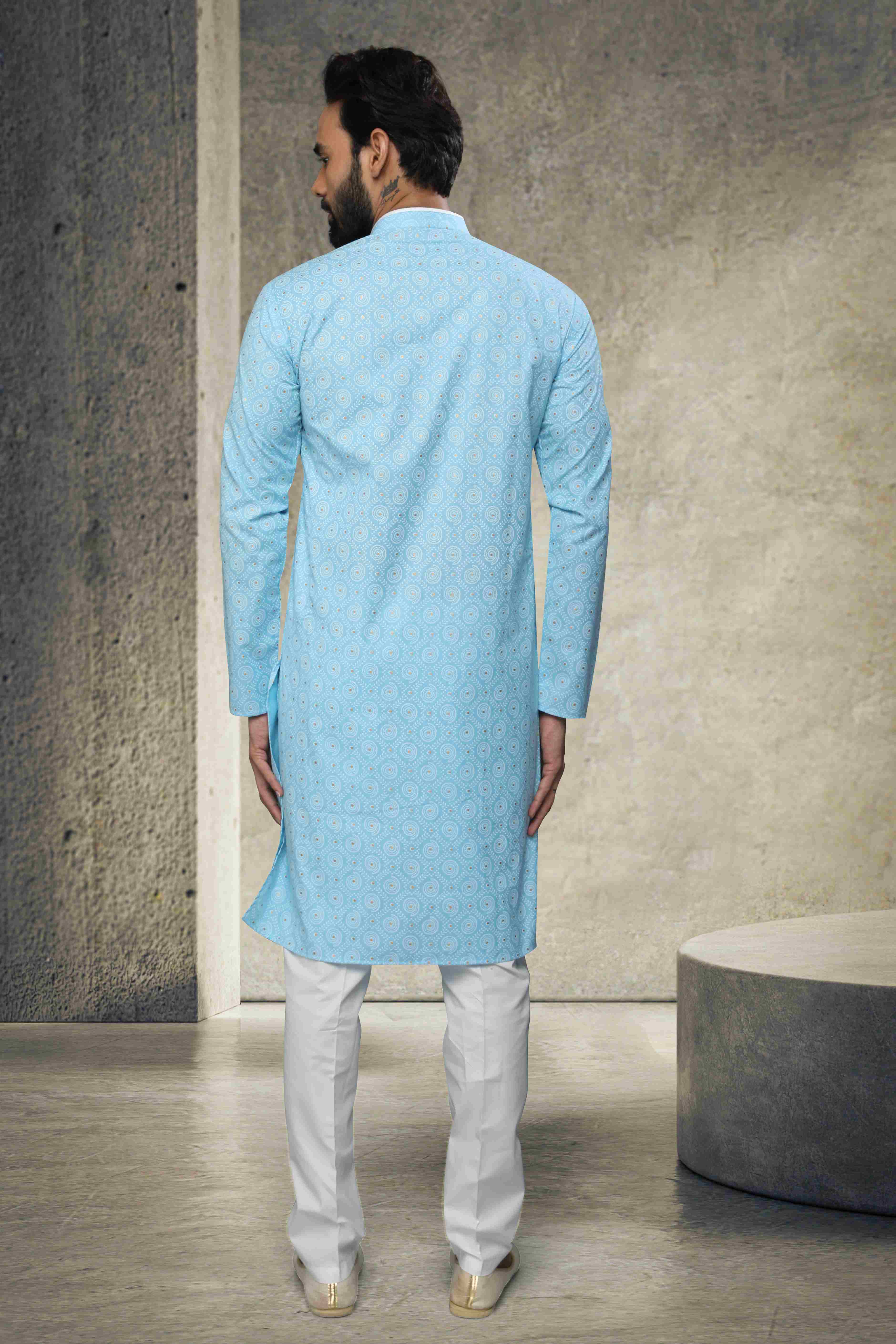 Raivat Ethnic Cotton Printed Work Kurta Pajama In Sky Blue Colour - Distacart