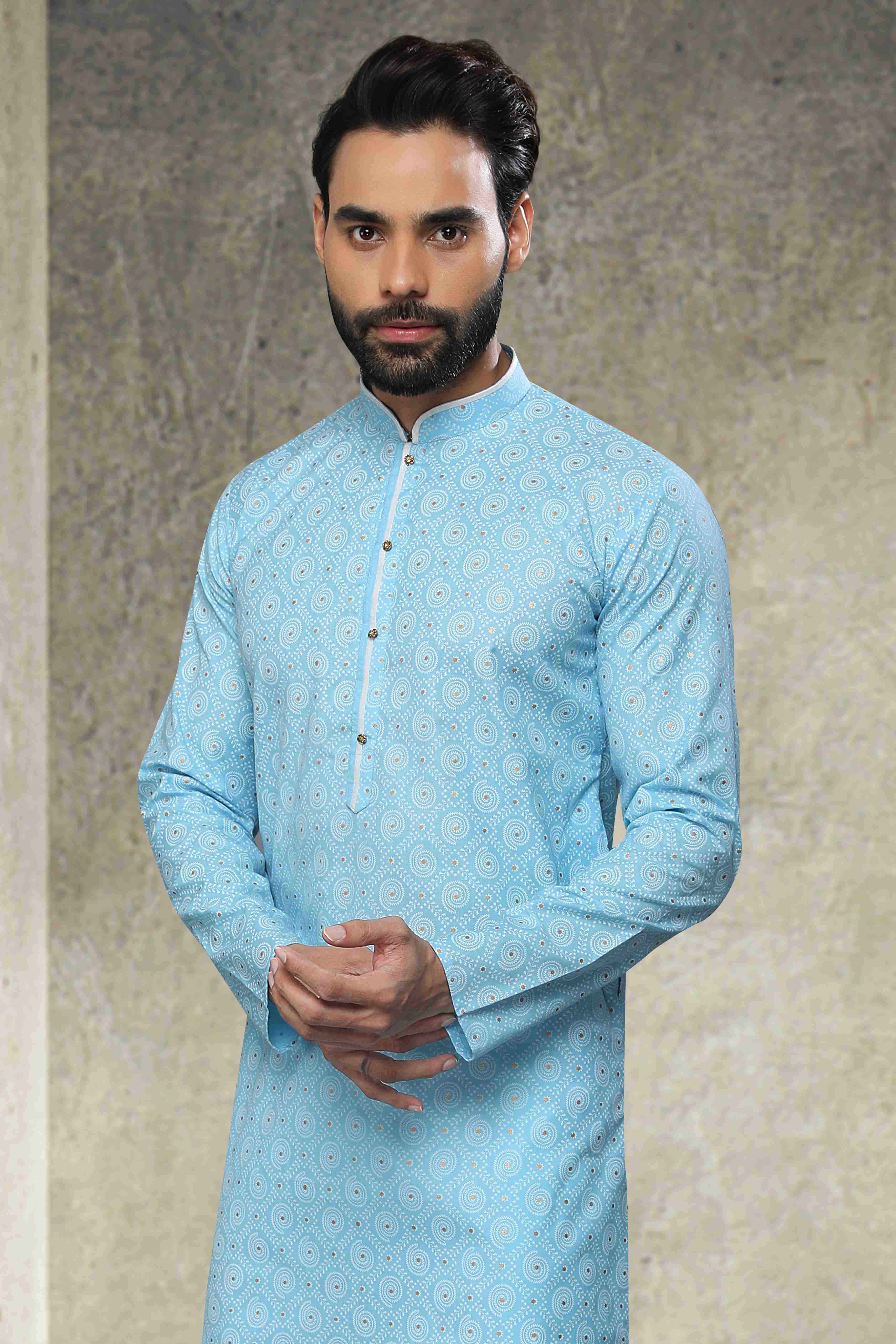 Raivat Ethnic Cotton Printed Work Kurta Pajama In Sky Blue Colour - Distacart