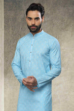 Thumbnail for Raivat Ethnic Cotton Printed Work Kurta Pajama In Sky Blue Colour - Distacart