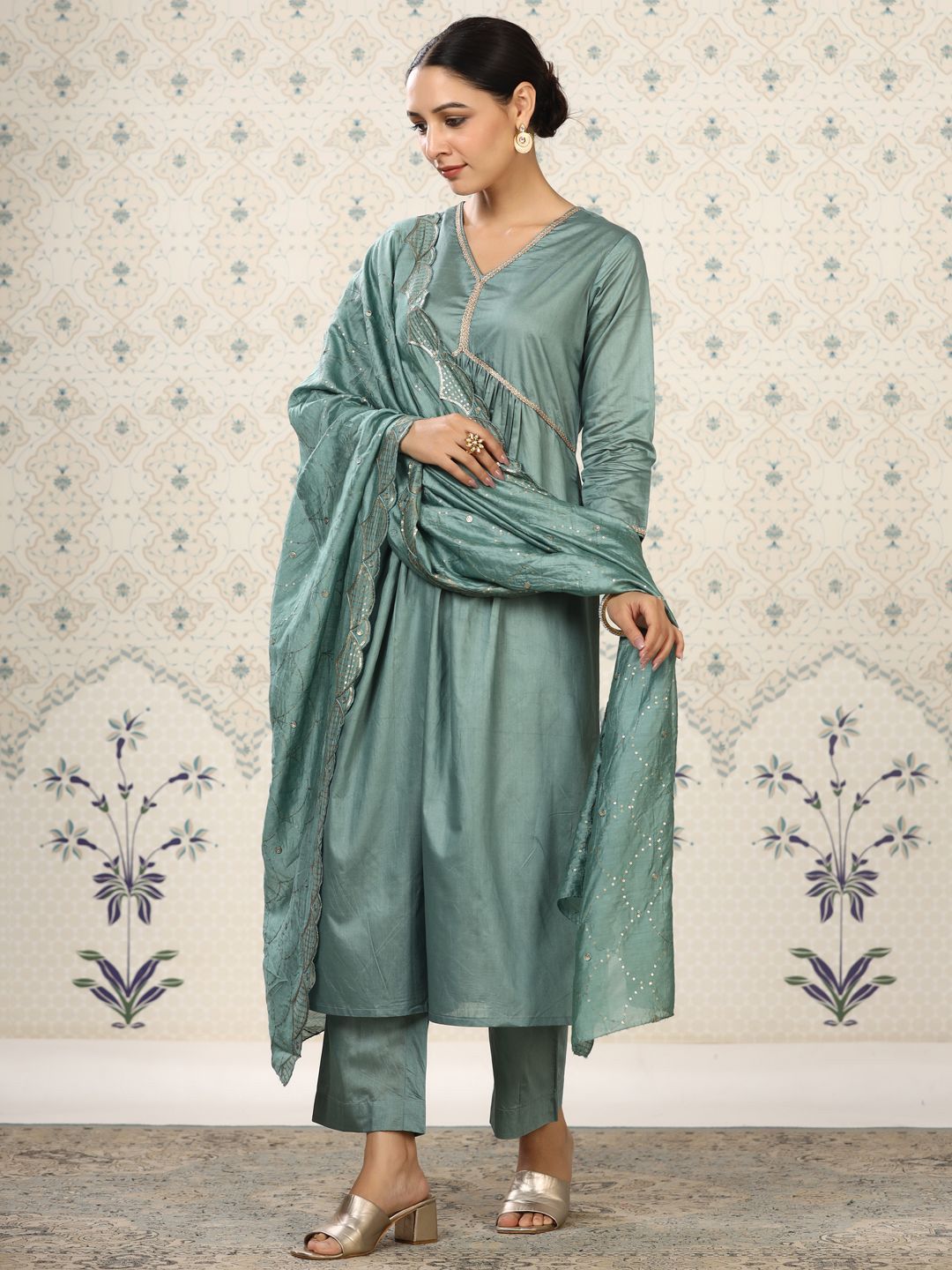 Ode by House of Pataudi Gotta Patti Empire Kurta with Trousers & Dupatta - Distacart