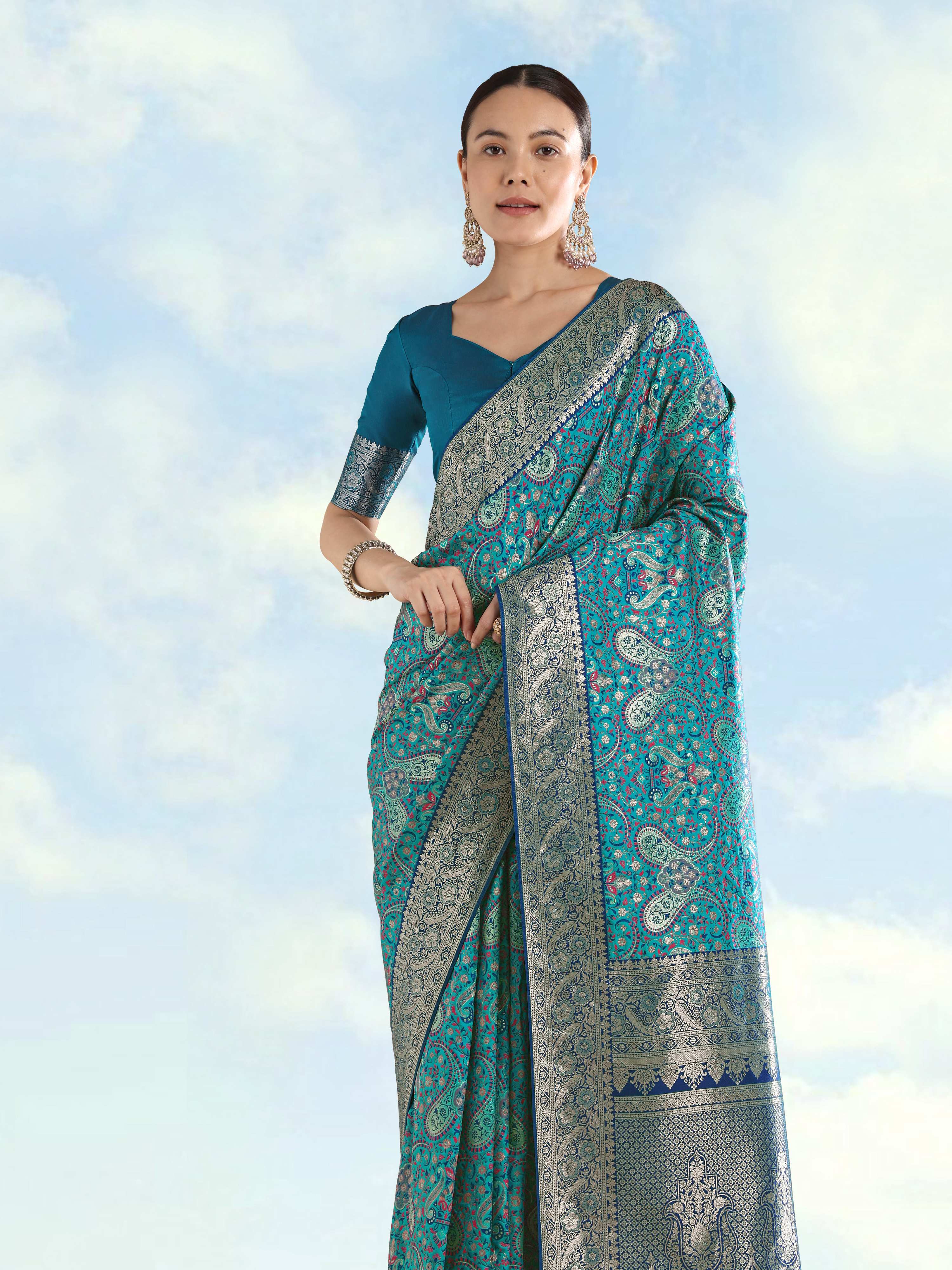 Monjolika Fashion Turquoise Banarasi Silk Saree With Traditional Paisley Weaves - Distacart