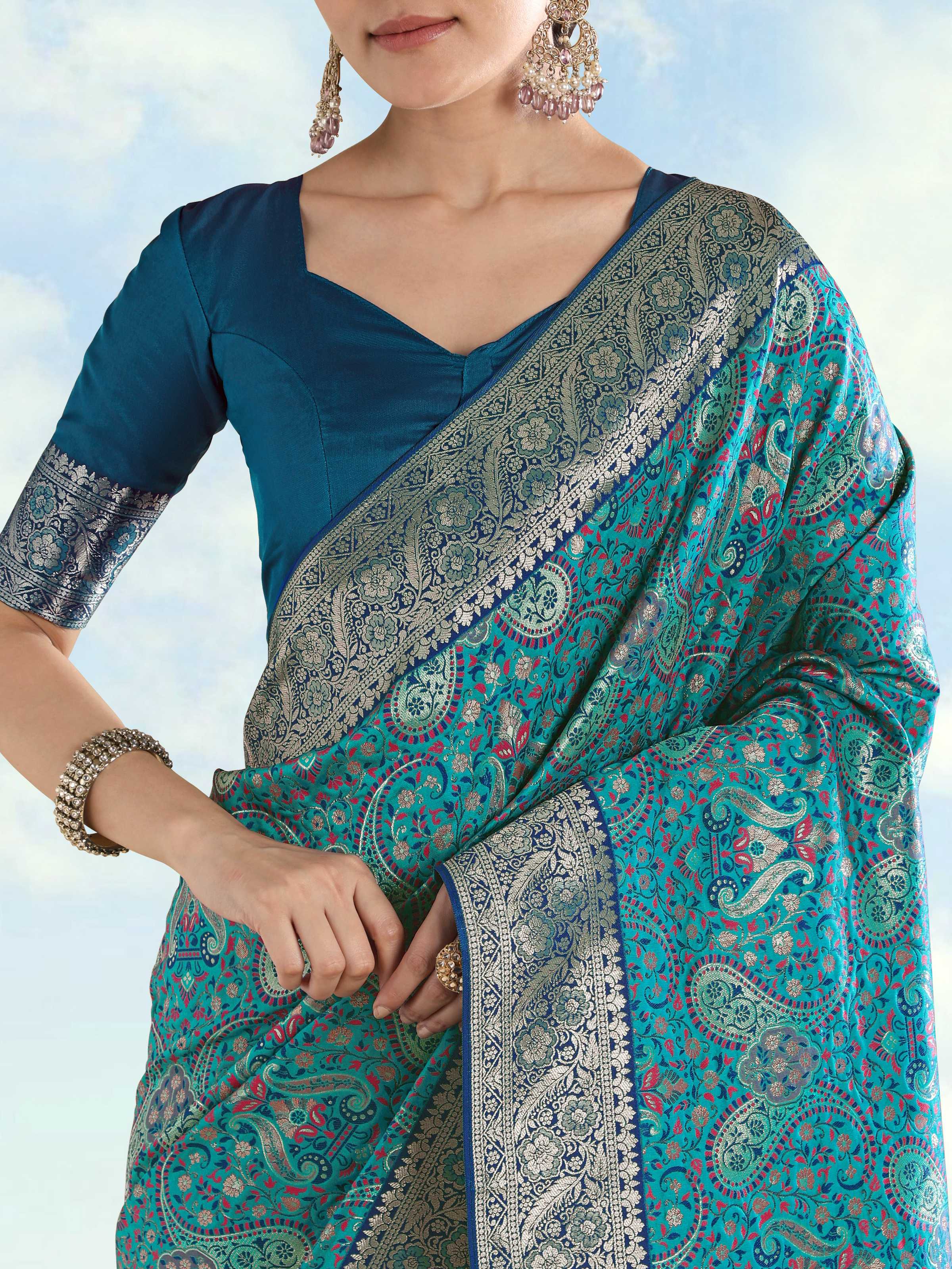 Monjolika Fashion Turquoise Banarasi Silk Saree With Traditional Paisley Weaves - Distacart