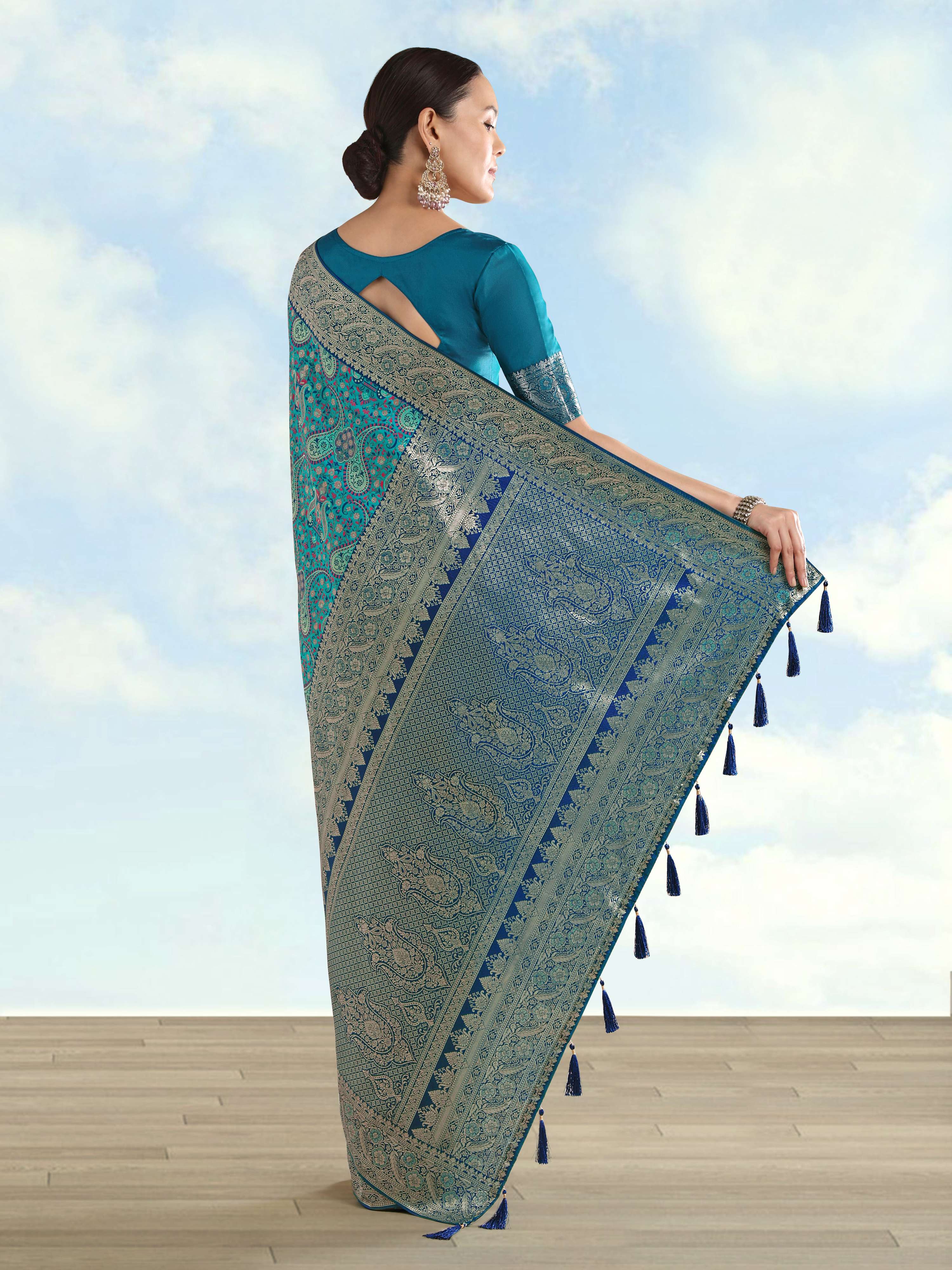 Monjolika Fashion Turquoise Banarasi Silk Saree With Traditional Paisley Weaves - Distacart
