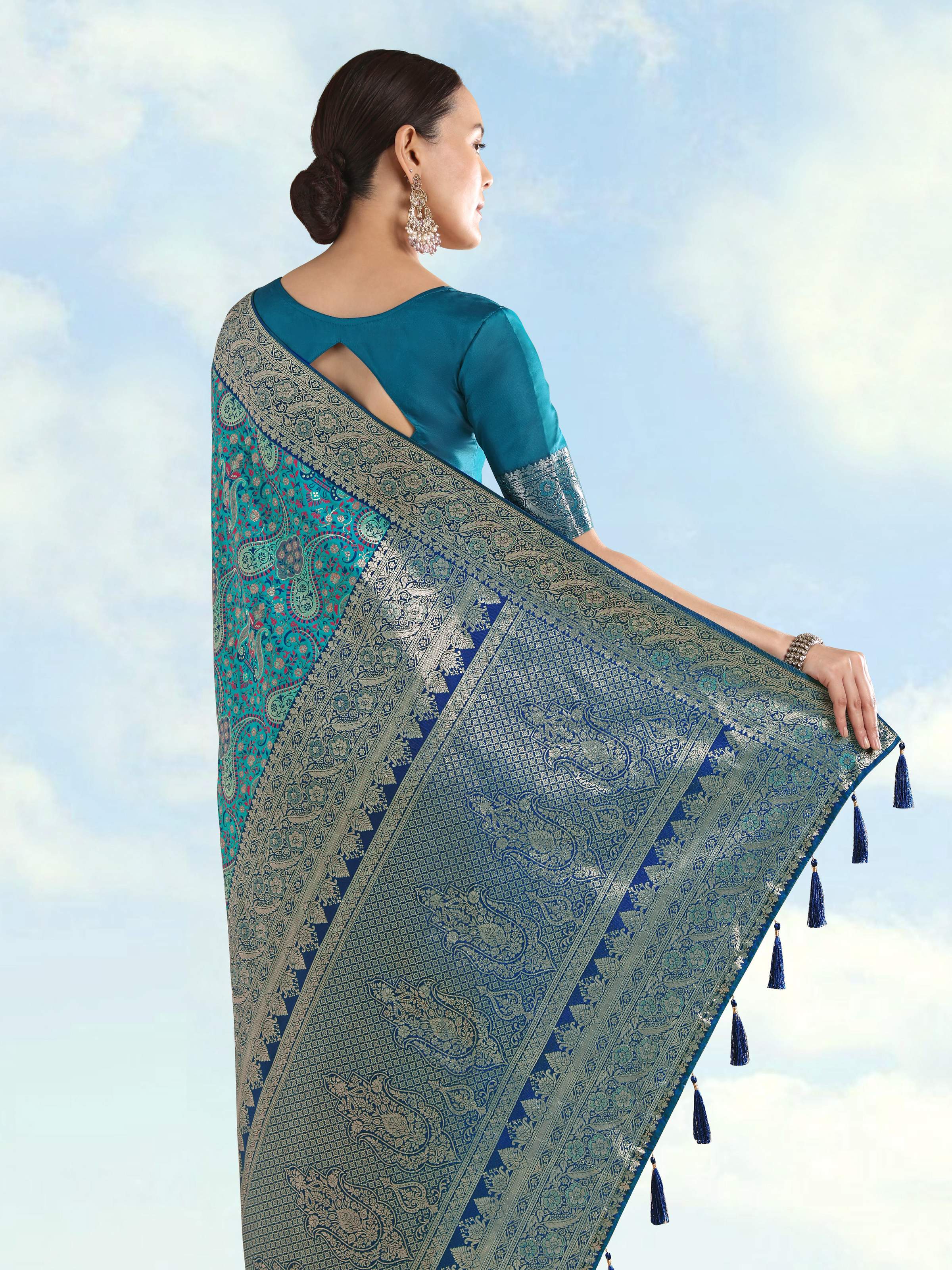 Monjolika Fashion Turquoise Banarasi Silk Saree With Traditional Paisley Weaves - Distacart