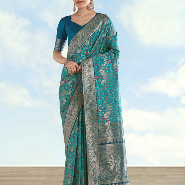 Monjolika Fashion Turquoise Banarasi Silk Saree With Traditional Paisley Weaves - Distacart