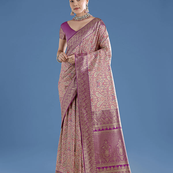 Monjolika Fashion Beige Banarasi Silk Saree With Traditional Paisley Weaves - Distacart