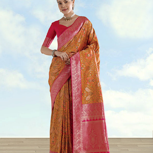 Monjolika Fashion Mustard Banarasi Silk Saree With Traditional Paisley Weaves - Distacart