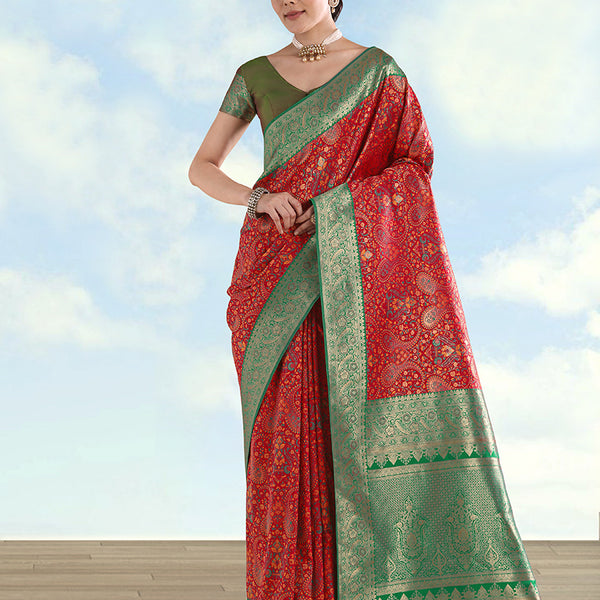 Monjolika Fashion Red Banarasi Silk Saree With Traditional Paisley Weaves - Distacart