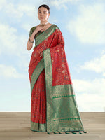 Thumbnail for Monjolika Fashion Red Banarasi Silk Saree With Traditional Paisley Weaves - Distacart