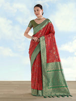 Thumbnail for Monjolika Fashion Red Banarasi Silk Saree With Traditional Paisley Weaves - Distacart