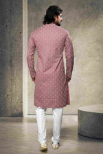 Thumbnail for Raivat Ethnic Cotton Printed Work Kurta Pajama In Dusty Pink Colour - Distacart