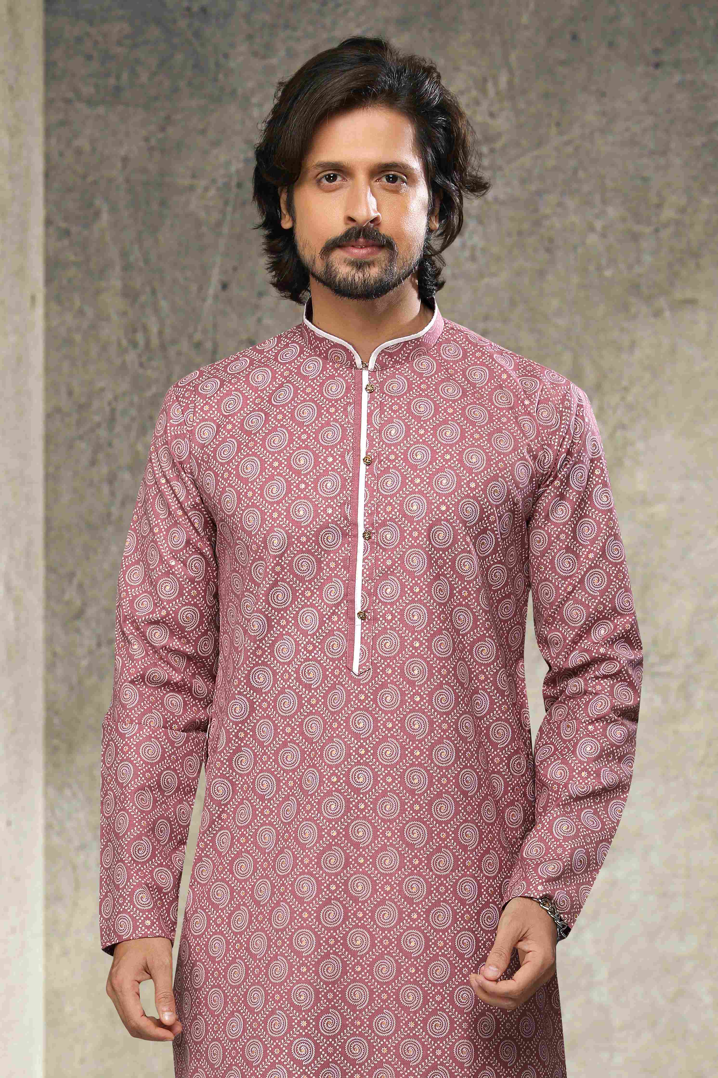 Raivat Ethnic Cotton Printed Work Kurta Pajama In Dusty Pink Colour - Distacart