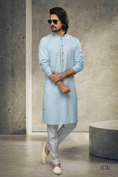 Raivat Ethnic Cotton Printed Work Kurta Pajama In Sky Blue Colour - Distacart