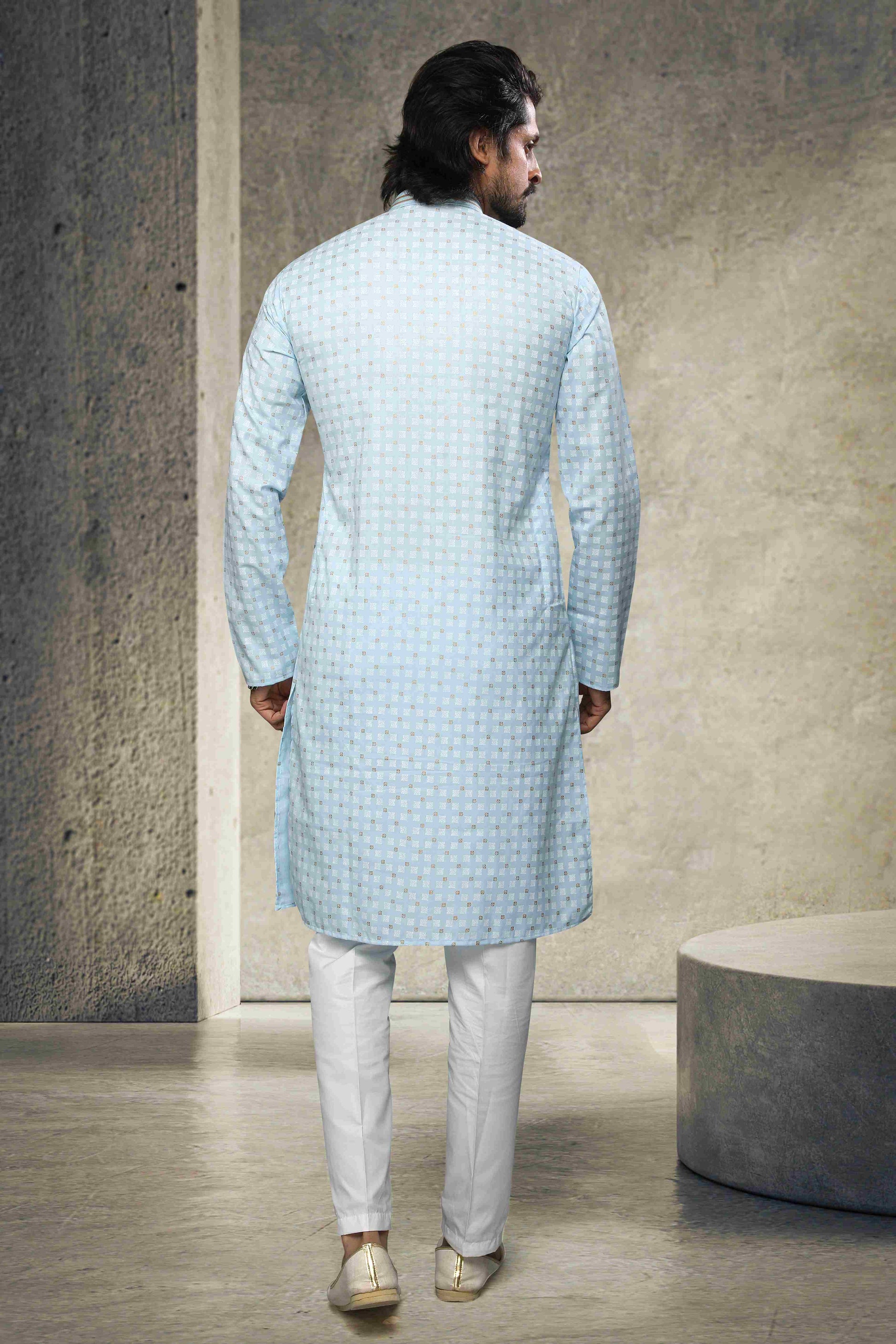 Raivat Ethnic Cotton Printed Work Kurta Pajama In Sky Blue Colour - Distacart