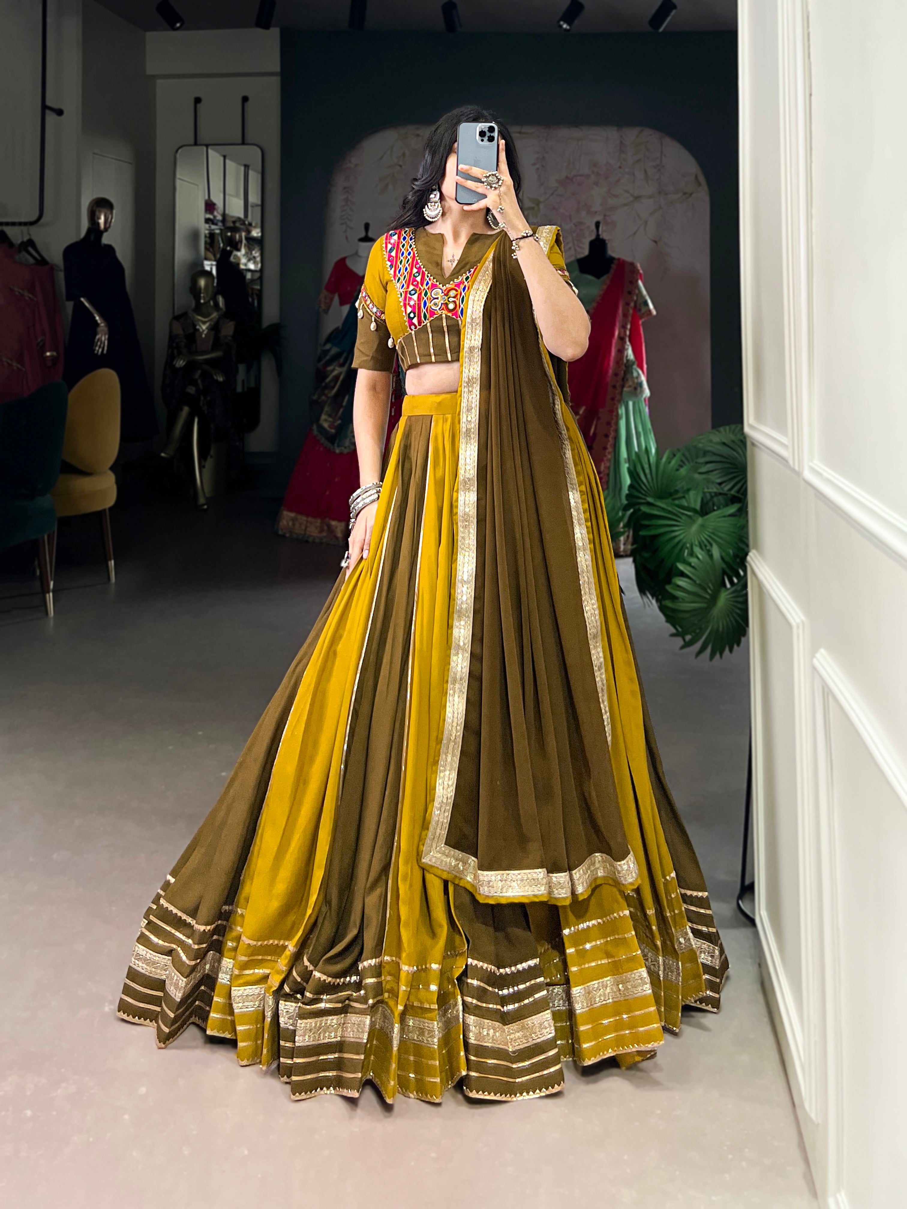 Lorenvalley Mustard Pure Rayon Sequins Lace With Gota Patti Lace Touch Up Lehenga Choli with Dupatta - Distacart