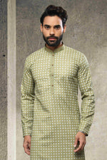 Thumbnail for Raivat Ethnic Cotton Printed Work Kurta Pajama In Light Green Colour - Distacart