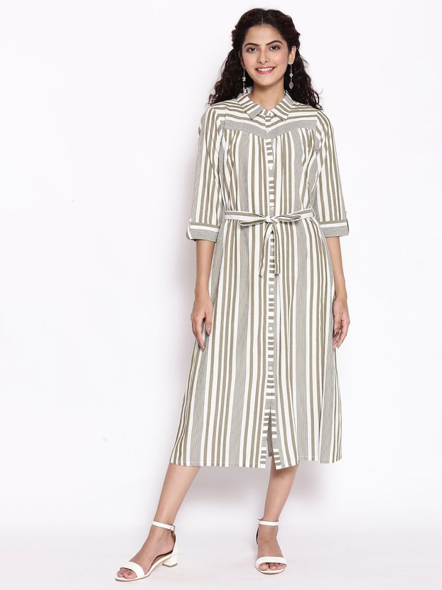 AURELIA Olive Green & White Striped Shirt Midi Dress With Waist Tie Up - Distacart