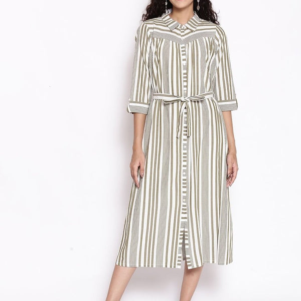 AURELIA Olive Green & White Striped Shirt Midi Dress With Waist Tie Up - Distacart