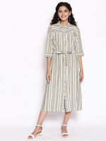 Thumbnail for AURELIA Olive Green & White Striped Shirt Midi Dress With Waist Tie Up
