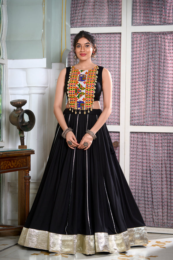 Lorenvalley Black Rayon Plain And Lace Border With Gotta Patti Touch Up Lehenga Choli