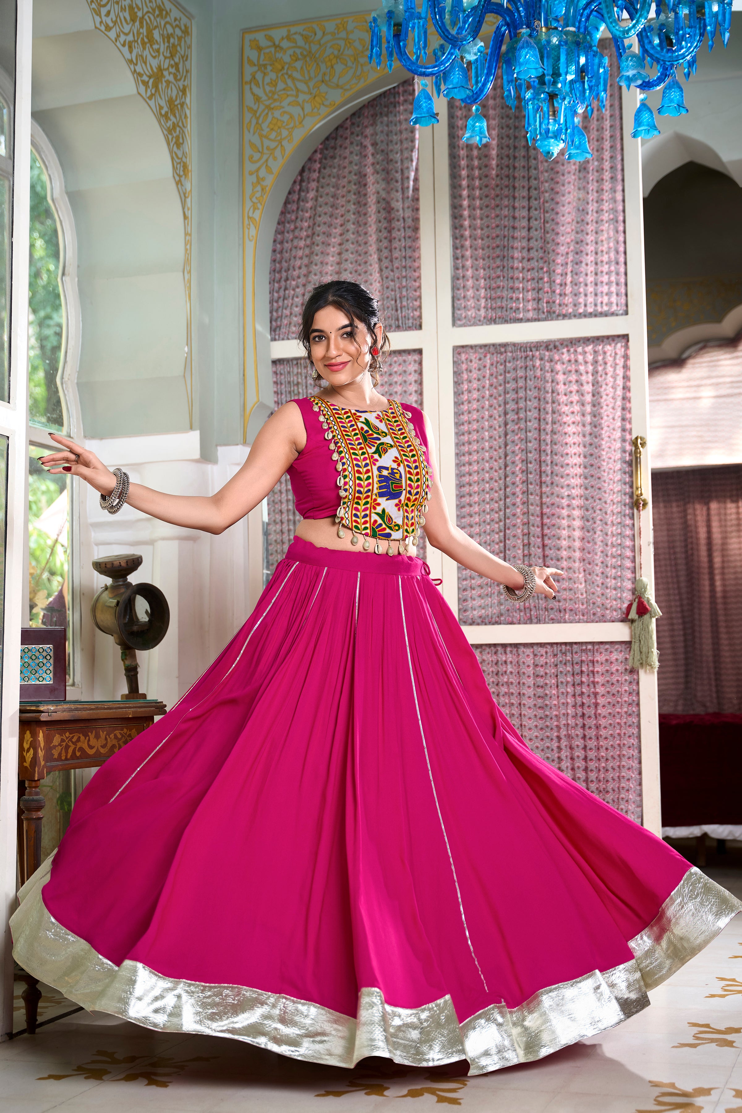 Lorenvalley Pink Rayon Plain And Lace Border With Gotta Patti Touch Up Lehenga Choli