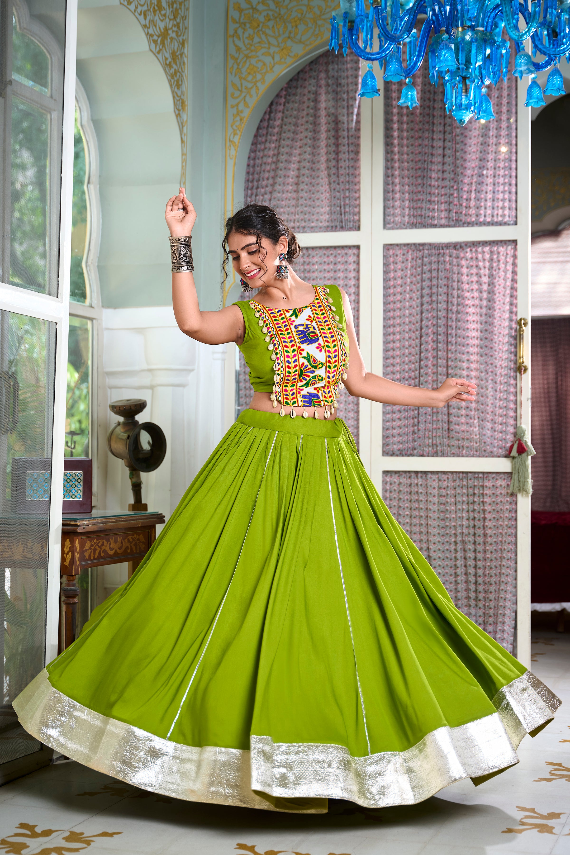 Lorenvalley Parotgreen Rayon Plain And Lace Border With Gotta Patti Touch Up Lehenga Choli