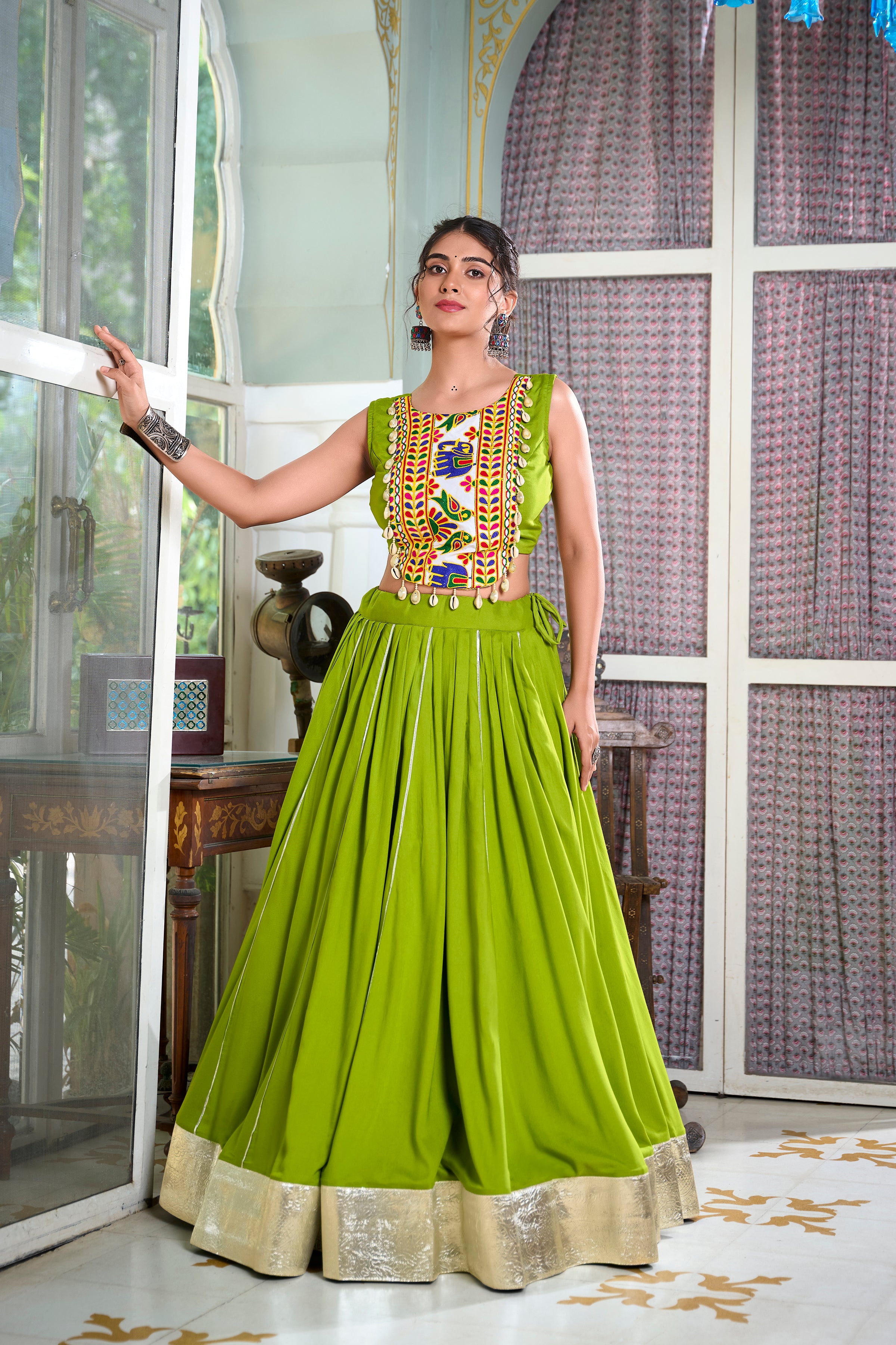 Lorenvalley Parotgreen Rayon Plain And Lace Border With Gotta Patti Touch Up Lehenga Choli
