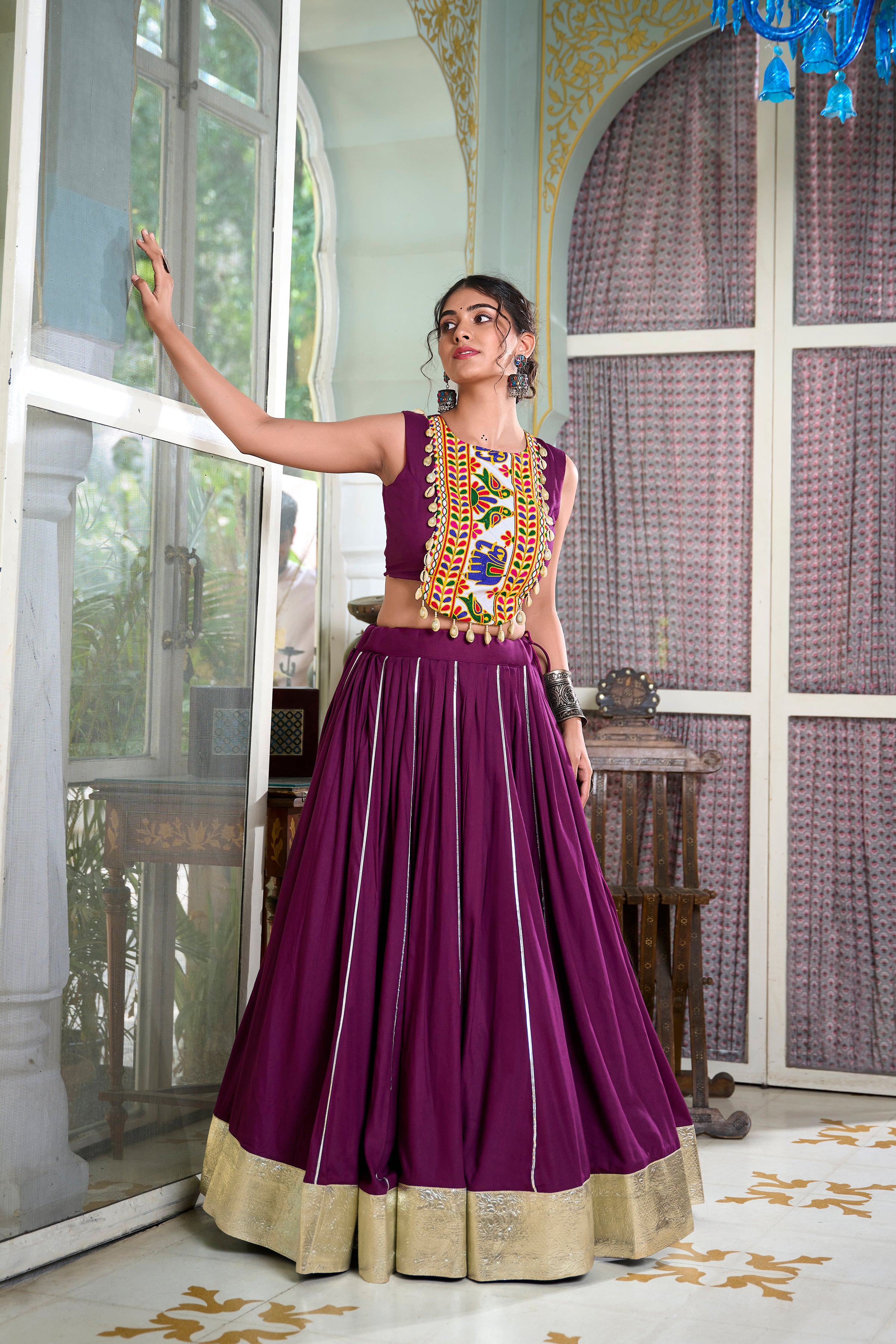 Lorenvalley Wine Rayon Plain And Lace Border With Gotta Patti Touch Up Lehenga Choli