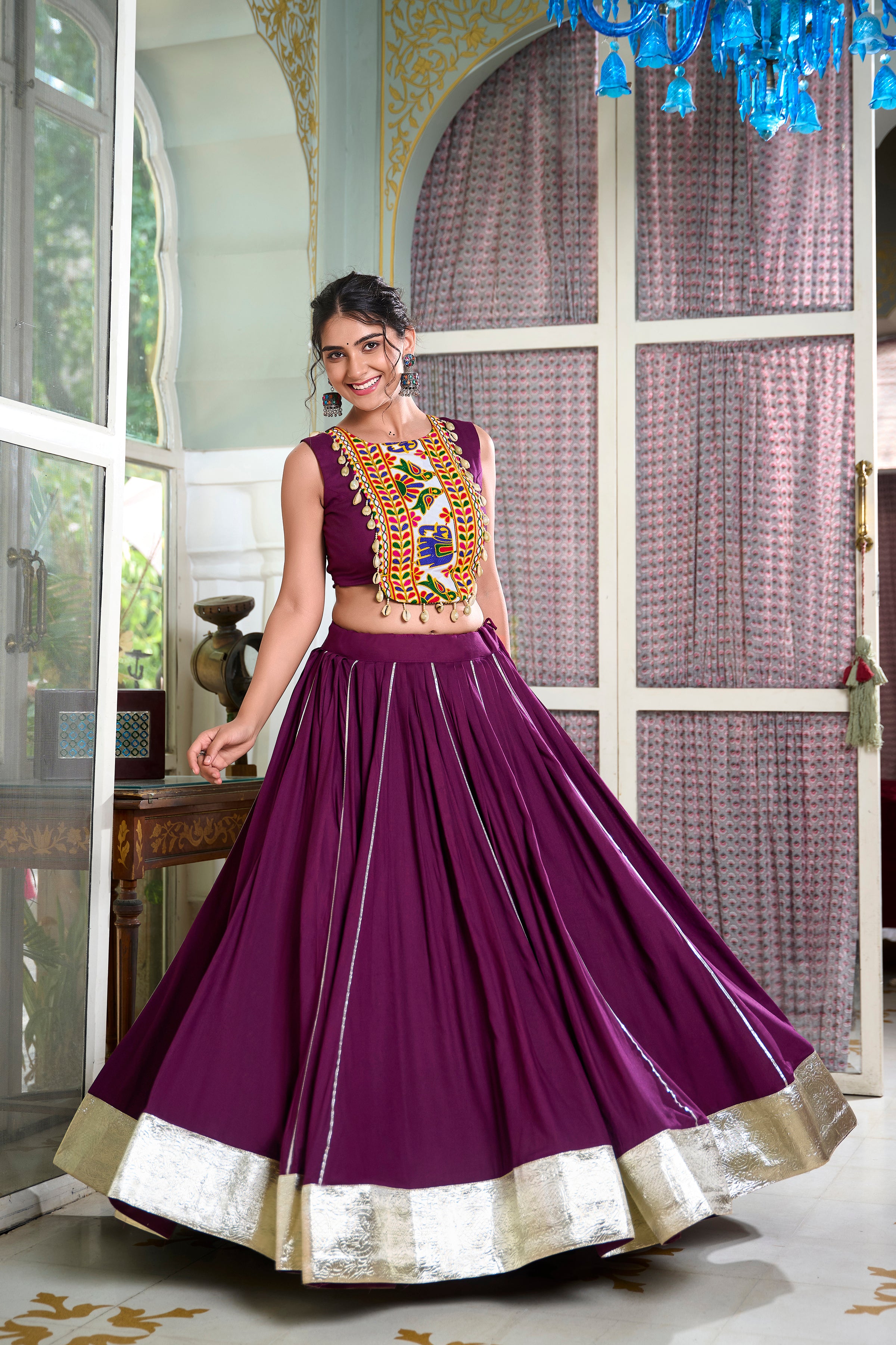 Lorenvalley Wine Rayon Plain And Lace Border With Gotta Patti Touch Up Lehenga Choli