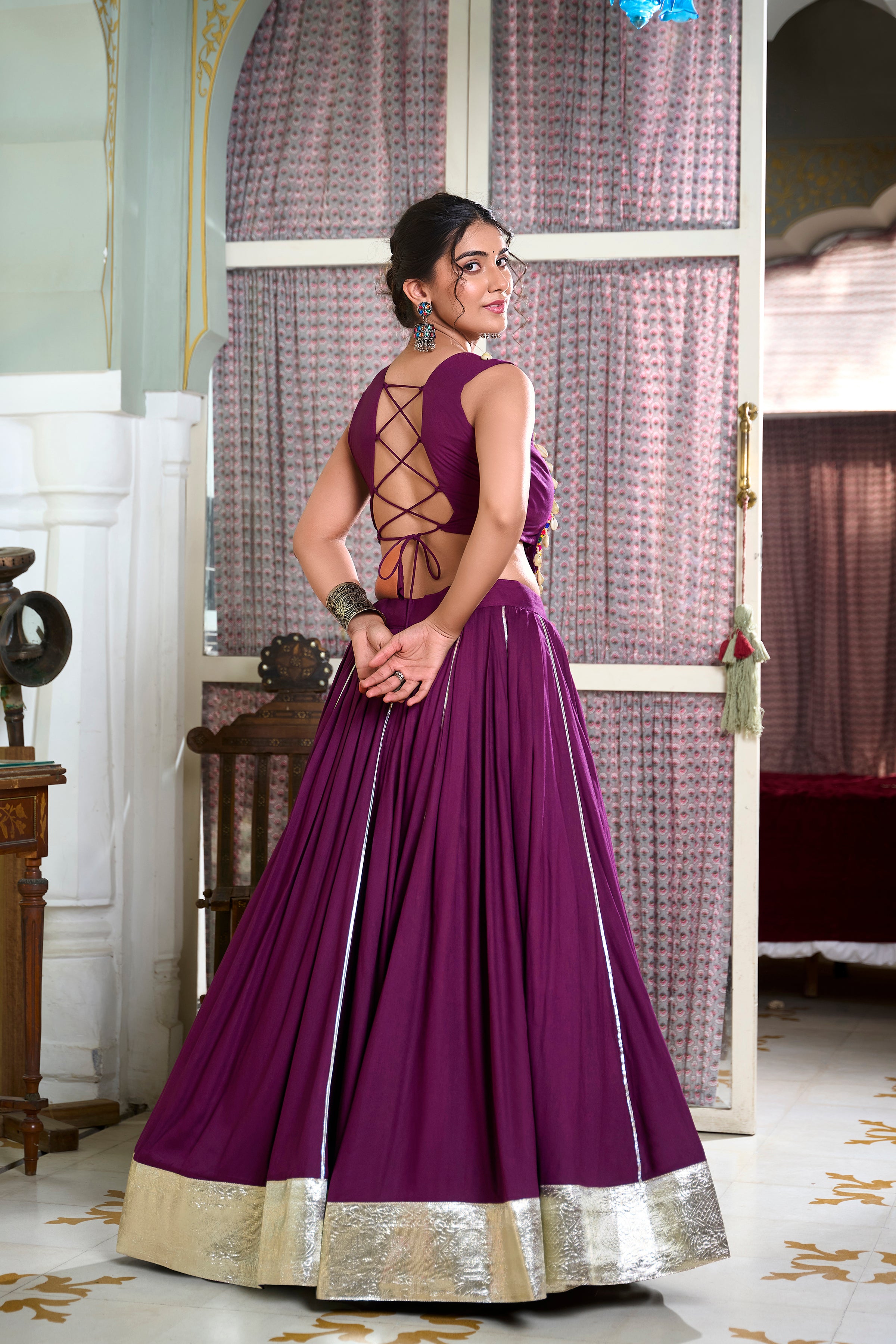 Lorenvalley Wine Rayon Plain And Lace Border With Gotta Patti Touch Up Lehenga Choli