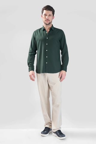 Xkind Bottle Green Plain Slim Fit Shirt