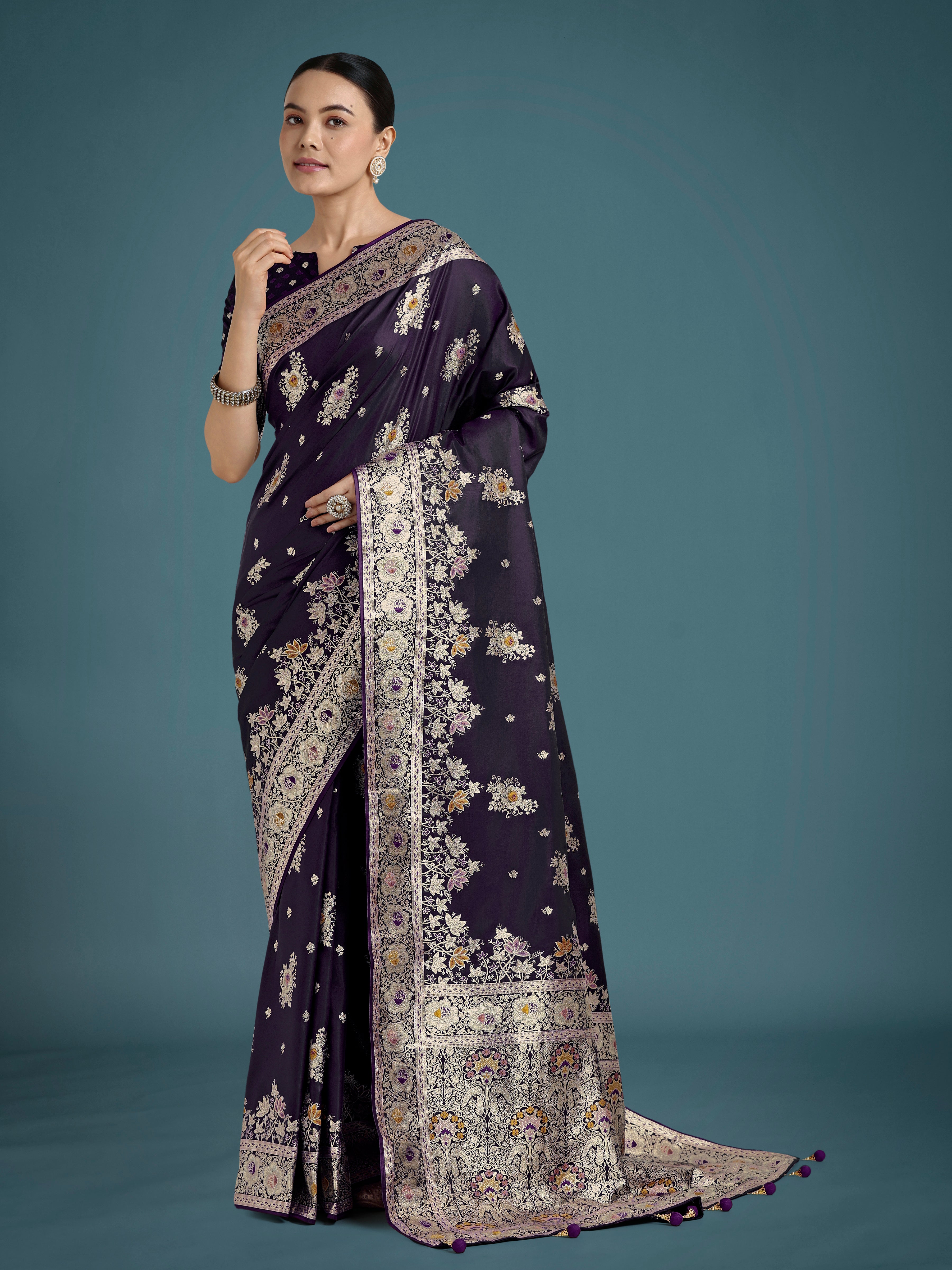 Monjolika Fashion Dark Purple Glamour and Tradition With This Zari Woven Banarasi Satin Silk Saree