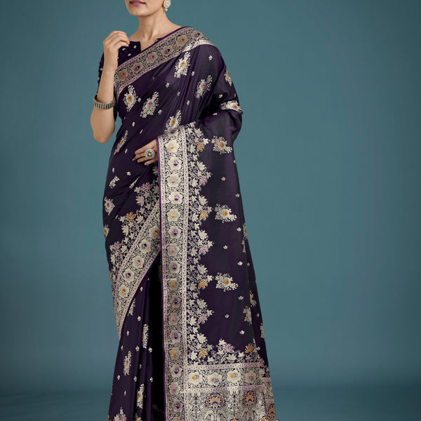 Monjolika Fashion Dark Purple Glamour and Tradition With This Zari Woven Banarasi Satin Silk Saree - Distacart