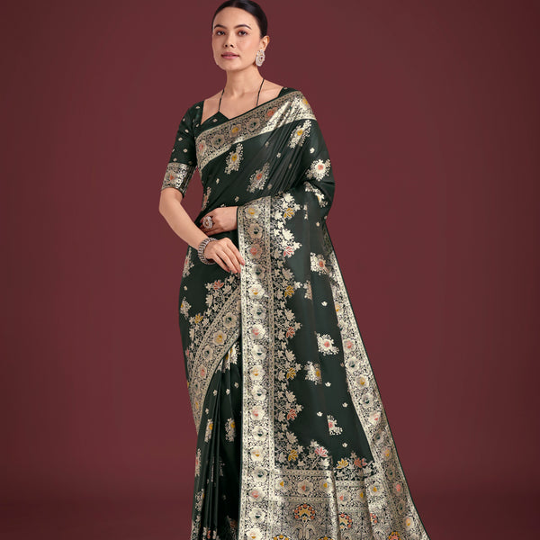 Monjolika Fashion Dark Green Glamour and Tradition With This Zari Woven Banarasi Satin Silk Saree - Distacart