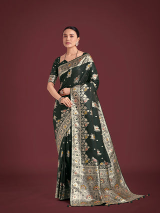 Monjolika Fashion Dark Green Glamour and Tradition With This Zari Woven Banarasi Satin Silk Saree