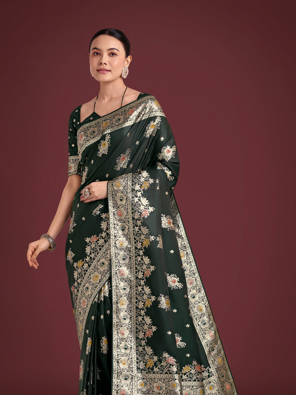 Monjolika Fashion Dark Green Glamour and Tradition With This Zari Woven Banarasi Satin Silk Saree