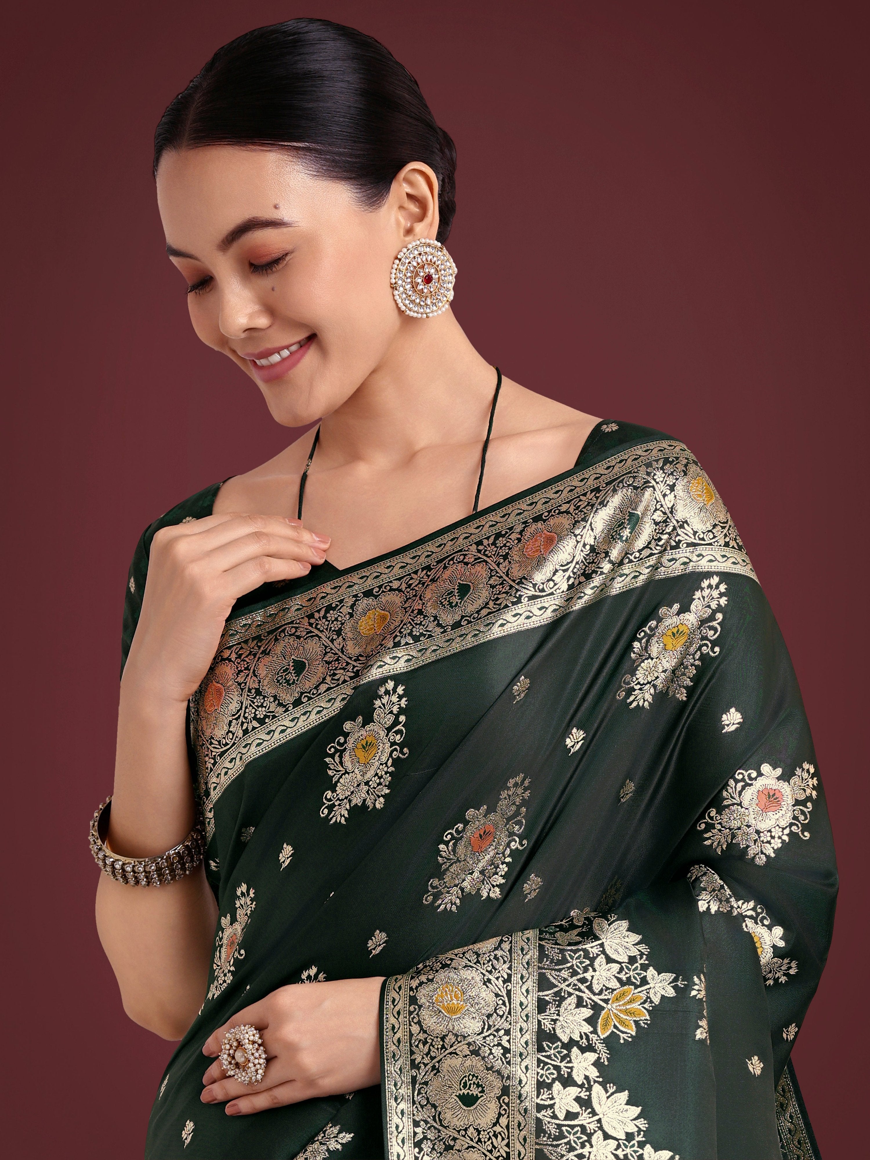 Monjolika Fashion Dark Green Glamour and Tradition With This Zari Woven Banarasi Satin Silk Saree