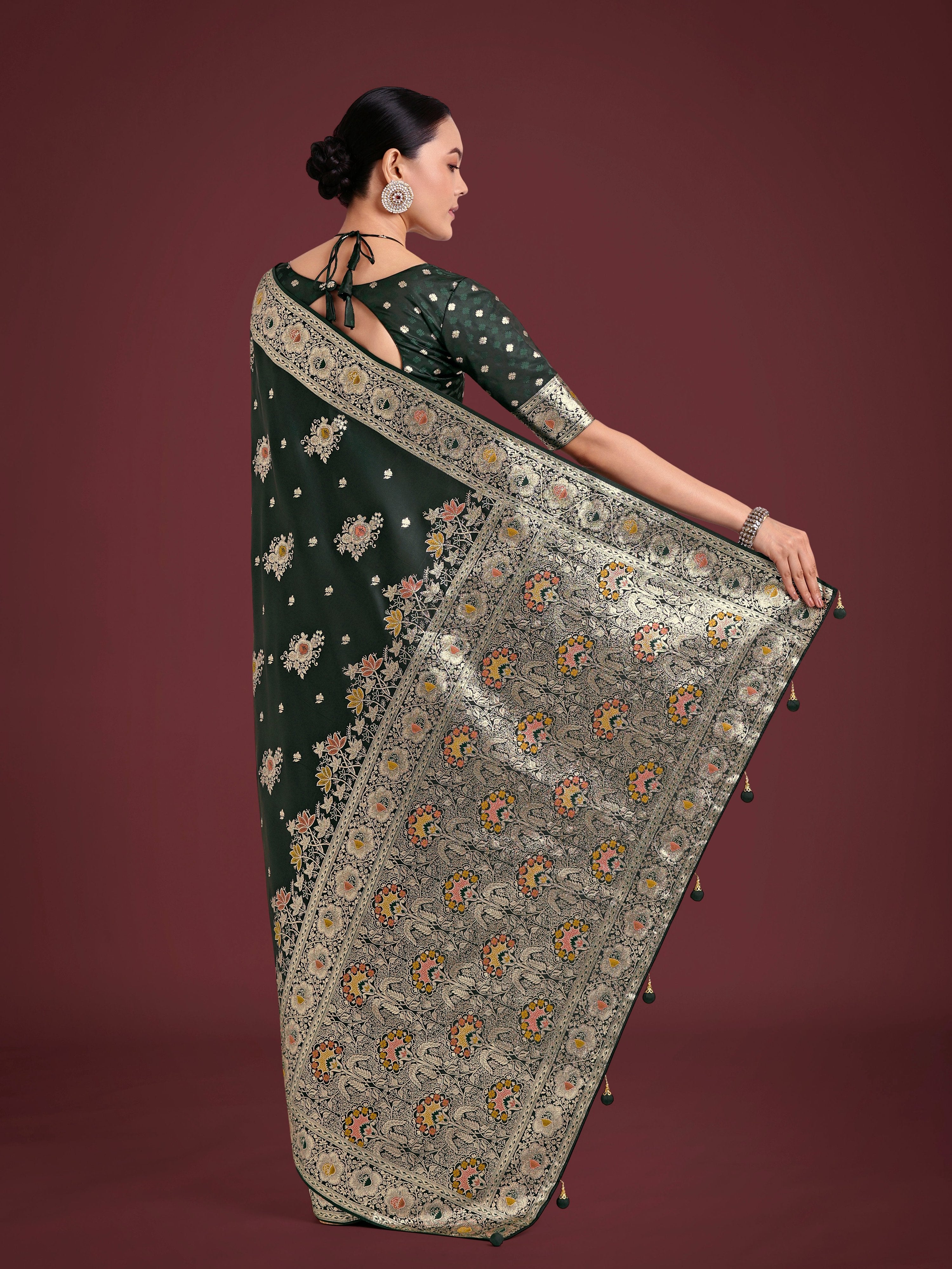 Monjolika Fashion Dark Green Glamour and Tradition With This Zari Woven Banarasi Satin Silk Saree