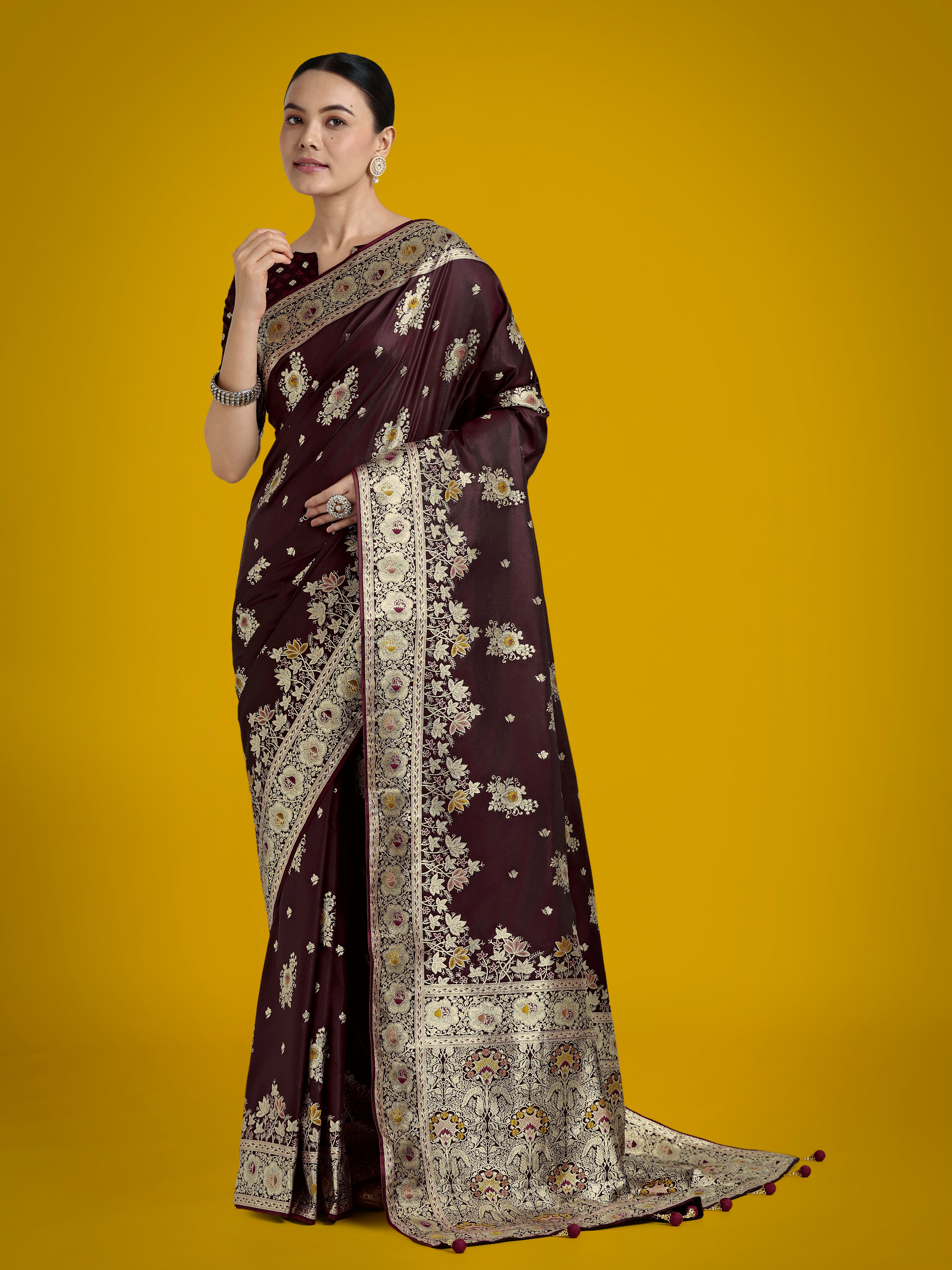Monjolika Fashion Dark Maroon Glamour and Tradition With This Zari Woven Banarasi Satin Silk Saree