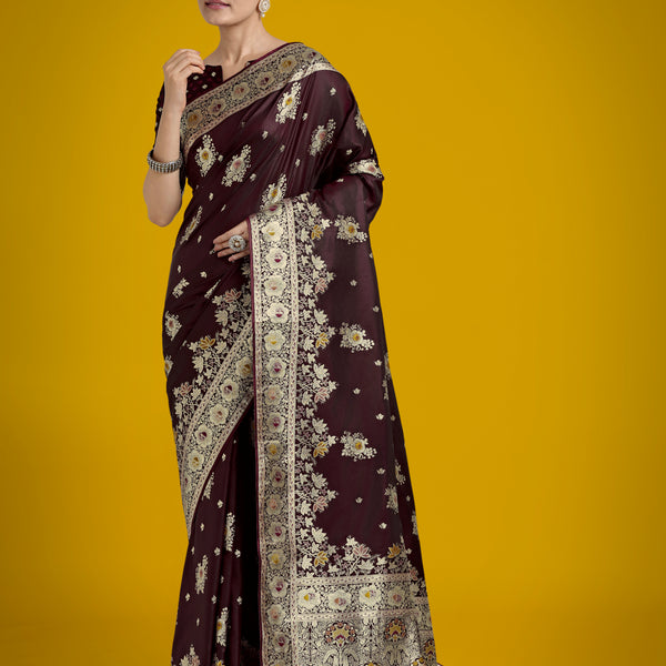 Monjolika Fashion Dark Maroon Glamour and Tradition With This Zari Woven Banarasi Satin Silk Saree - Distacart