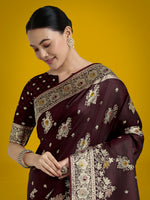 Thumbnail for Monjolika Fashion Dark Maroon Glamour and Tradition With This Zari Woven Banarasi Satin Silk Saree