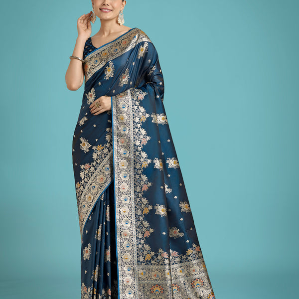 Monjolika Fashion Dark Teal Glamour and Tradition With This Zari Woven Banarasi Satin Silk Saree