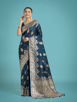 Monjolika Fashion Dark Teal Glamour and Tradition With This Zari Woven Banarasi Satin Silk Saree